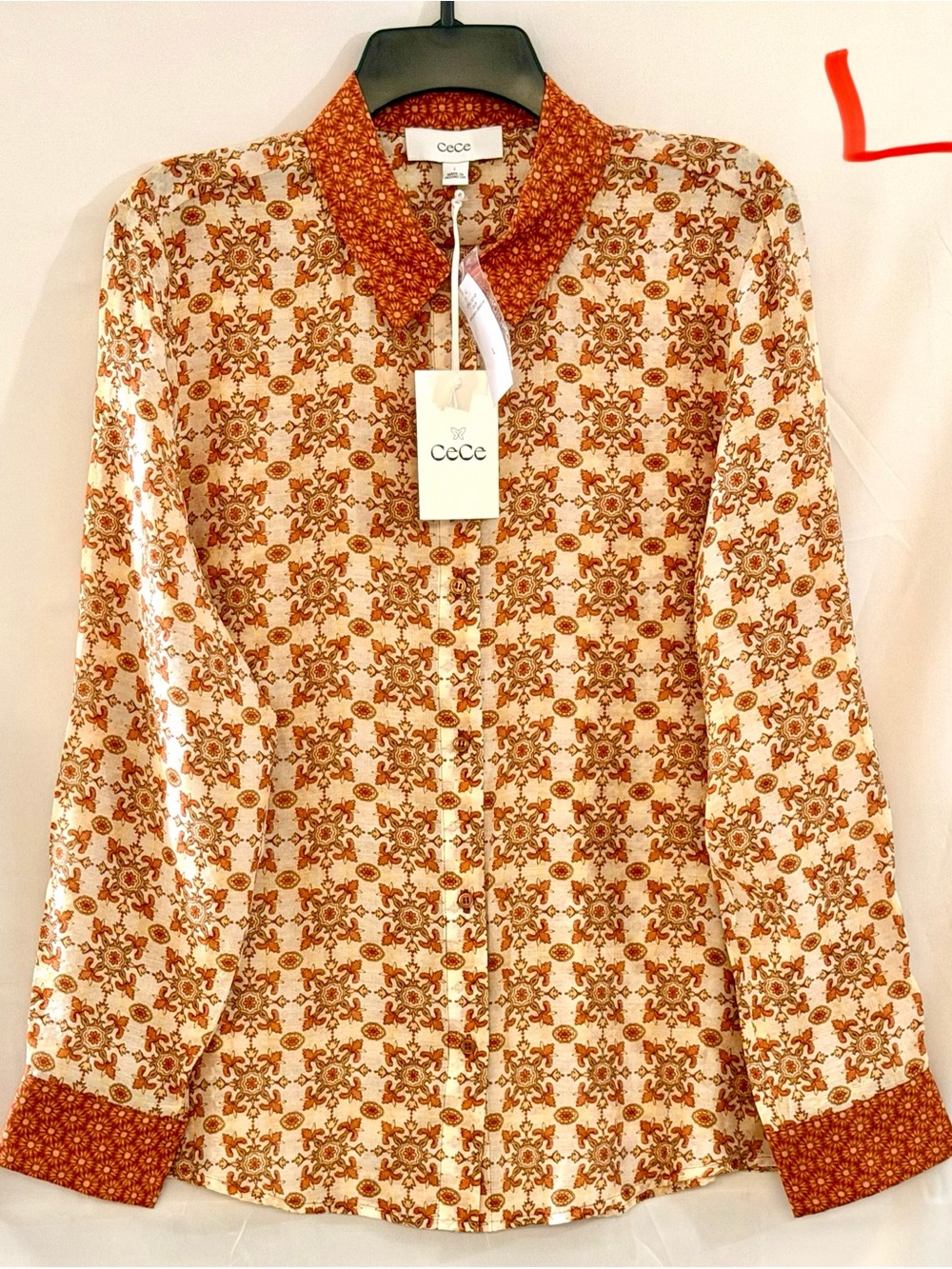 CeCe Cream and Rust Floral Print Button-Down Blouse
